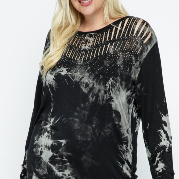 New Vocal Plus Rhinestone Tie Dye Black Slashed Top Shirt - Picture 2 of 7